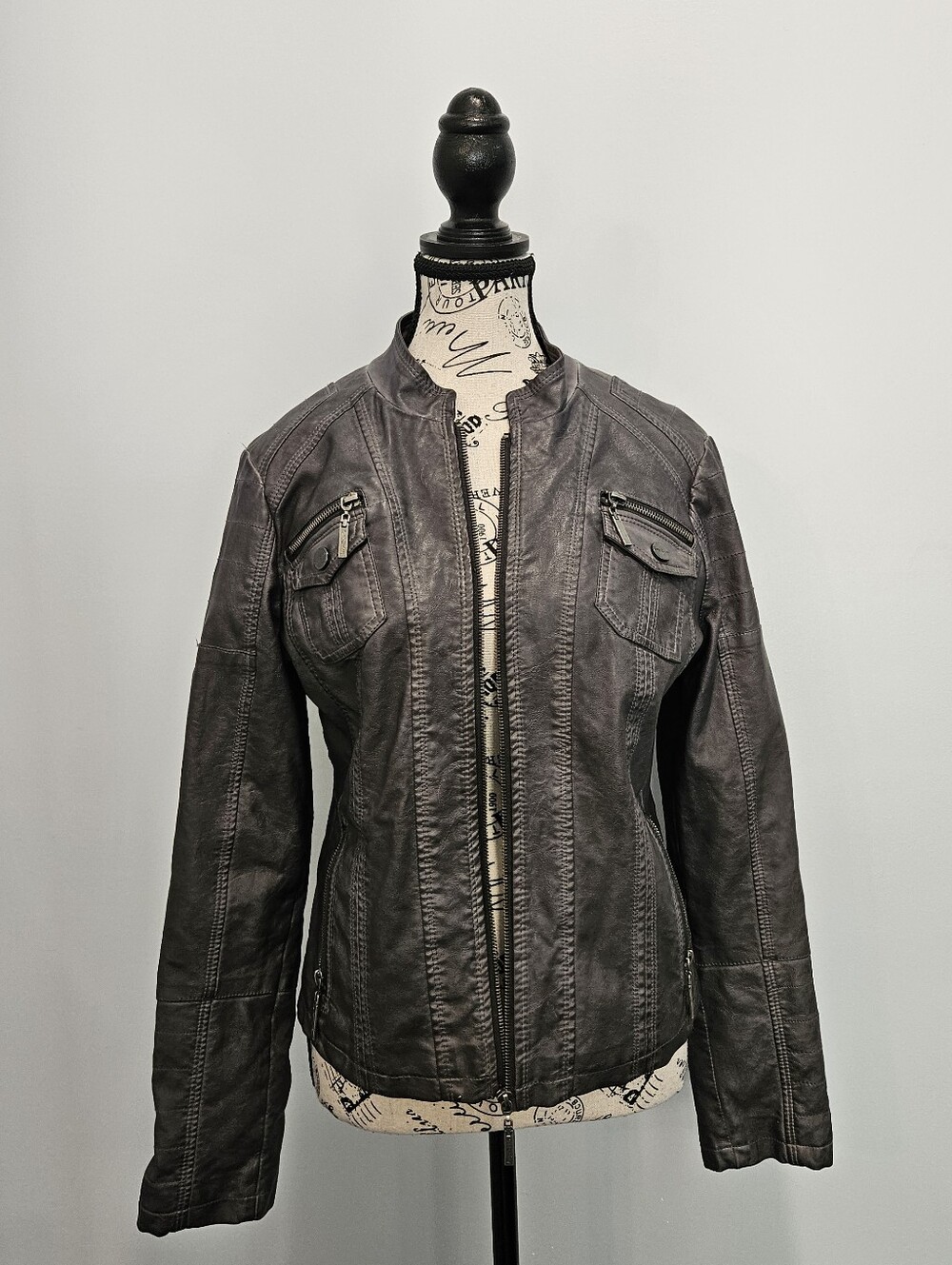 Indigo Saints M Womens Gray Faux Leather Zip-Front Jacket